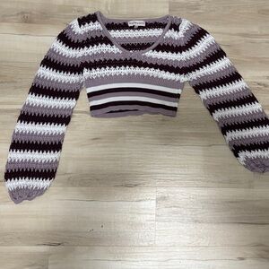 Striped Purple and White Cropped Women's Sweater